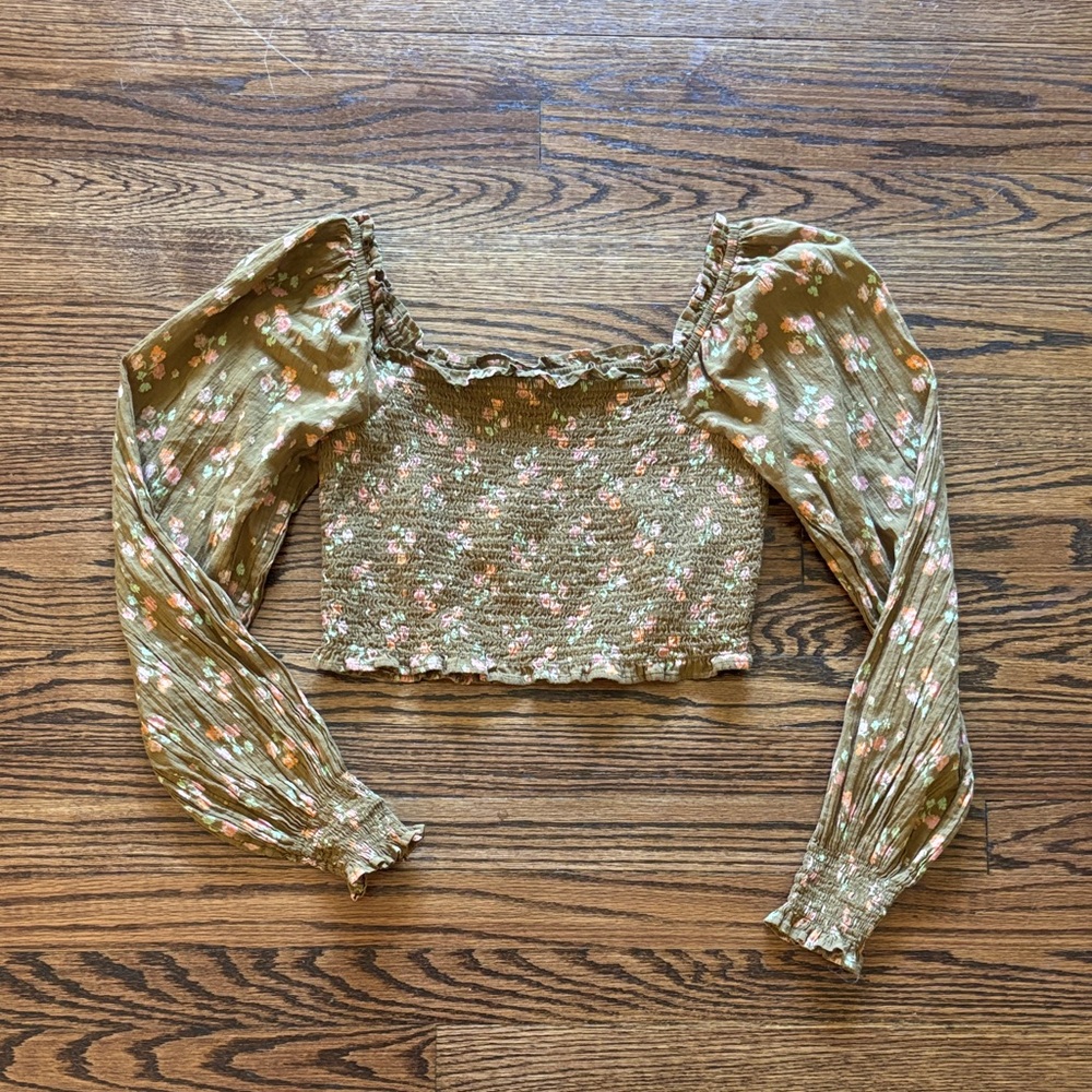 Aerie Smocked Crop Long Sleeve Floral Peasant Top, Size Small